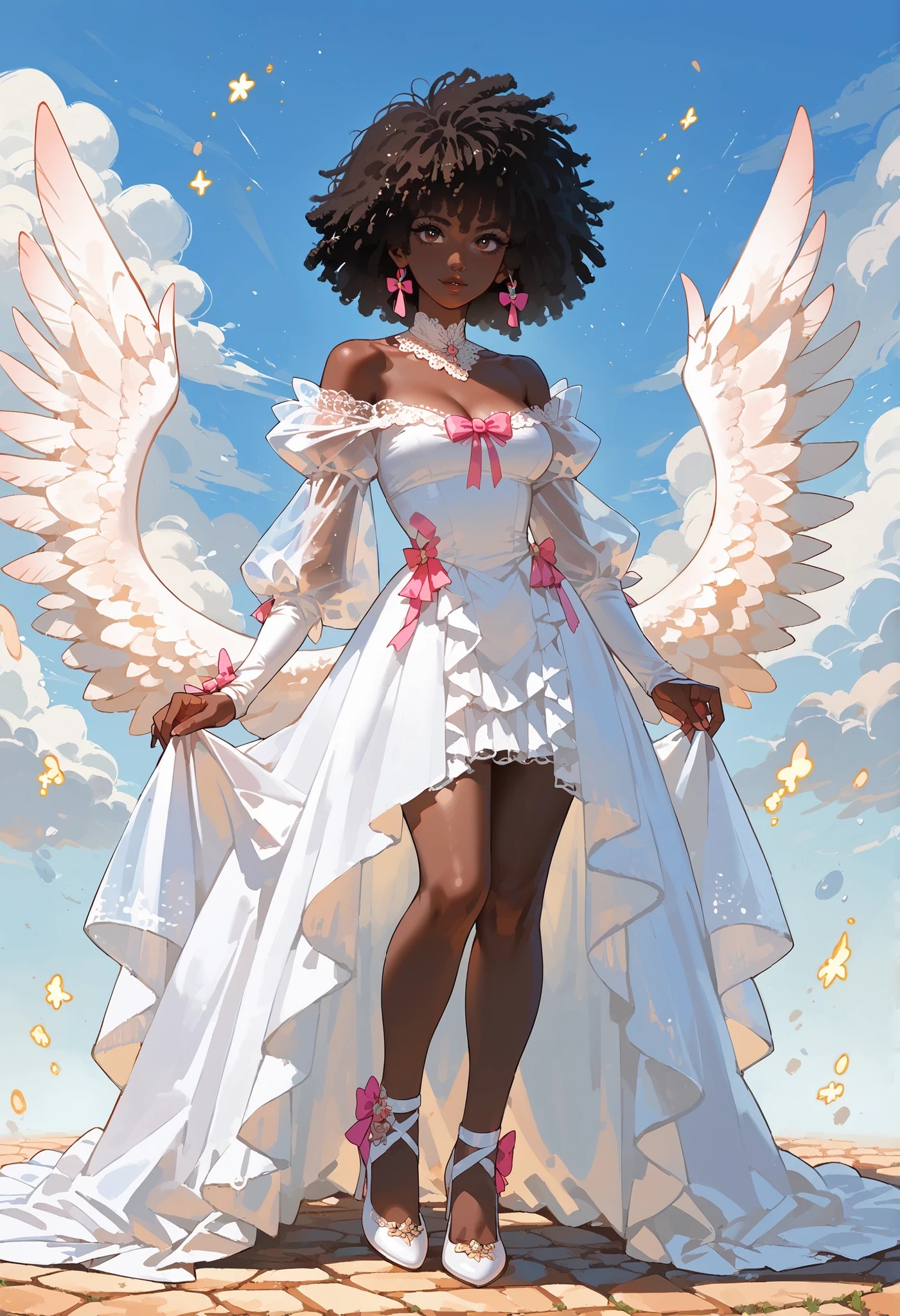 General Description The image presents two versions of the same stylized female character, with striking features and magical aesthetic. The artistic style is modern and highly detailed, with a touch of fantasy and elegance. Physical Features Skin color: The character has dark skin, with a rich and deep tone, standing out beautifully against the lighter elements of her clothing and hair. Face and Expression: Her face is rounded with striking features. In one of the poses she is serious, and in the other her eyes are covered by hair, bringing an air of mystery and power. Cabelo: Extremely bulky , white and curly, cloud-shaped . Hair has dense textures and cute, with little ears of Embedded in decorative pink bows, referring to a sweet and charming look. Race: The character has an Afro-descendant appearance, evidenced by her skin tone, facial structure and voluminous Afro hair. Costume Dress: The character wears an elegant white dress with a fanciful design. The upper part has a structured neckline with straps that cross over the bust and shoulders. The sleeves are puffs , transparent and fallen, giving an ethereal look. Saia: The skirt is long, with openings on the sides that reveal strips of pink fabric surrounding her legs. footwear: She wears light pink high shoes that combine with the ties in her hair and the details of the ribbons on the legs. accessories: In the center of your chest, ela hold or emanate a magical energy in the shape of a shining star, symbolizing power or a magical artifact. Style and Aesthetics Predominant colors: Branco, light pink and shades of brown (da pele). The palette is soft, focusing on the contrast between light and dark tones. Visual Style: Fantasy mix with angelic and magical touches. The design is modern, with an aesthetic that recalls characters from magical stories, RPG or alternative fashion.