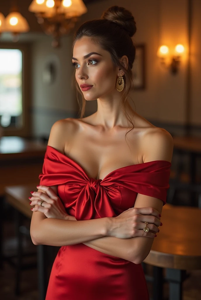 <lora:trkhslds:0.8>, a beautiful trkshlds woman in a red dress holding a cup of coffee and looking at the camera with a serious look on her face
masterpiece, ultra realistic, 8k, detailed, elaborate, high quality,