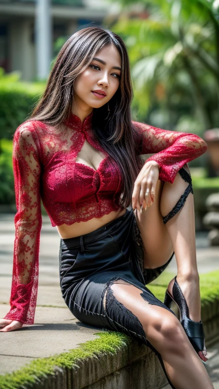 A stunningly beautiful Asian girl, incredibly charming and fashionable, with a flawless face adorned by long black hair, rosy cheeks, captivating detailed eyes, sensual lips, adorned ears, wearing a diamond necklace around her neck. Her chest sports an elegant tattoo, clad in a short-sleeved blouse, intricately embroidered silk jacket, with a high-cut crop top, donning a red skirt, green underwear, and a sheer dress, with slender legs and thighs, adorned with stylish shoes, holding a knife. The background is a blurry street scene, with professional lighting casting rays onto her body and abdomen.