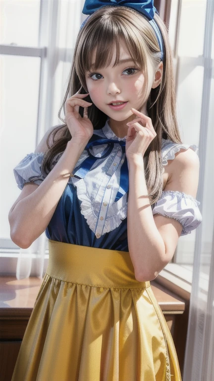Masterpiece, superlative, realistic, café 1 woman, (Hanfu, Ming dress, black shorts, yellow with white linen skirt, round neck, folded collar),