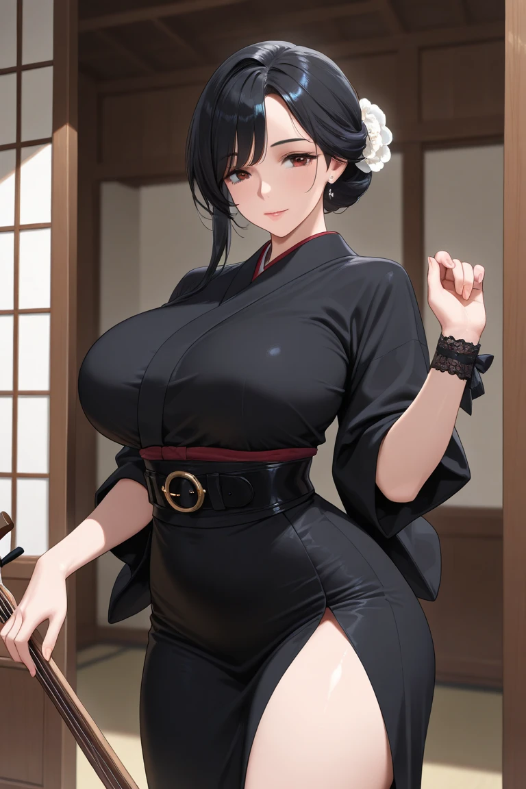 sheena fujibayashi, 1girl, japanese clothes, black leggins, black hair, ponytail, choker, cleavage, large breasts, cowboy shot, bokeh