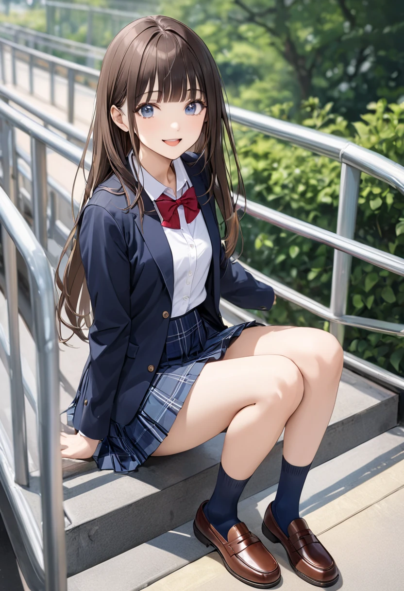masterpiece, best quality, <lora:kyoukohori-nvwls-v1-000009:0.8> hori kyouko, black blazer, grey sweater, bowtie, black pleated skirt, socks, sitting, from below, clouds, sky, blue sky, smile, looking at viewer