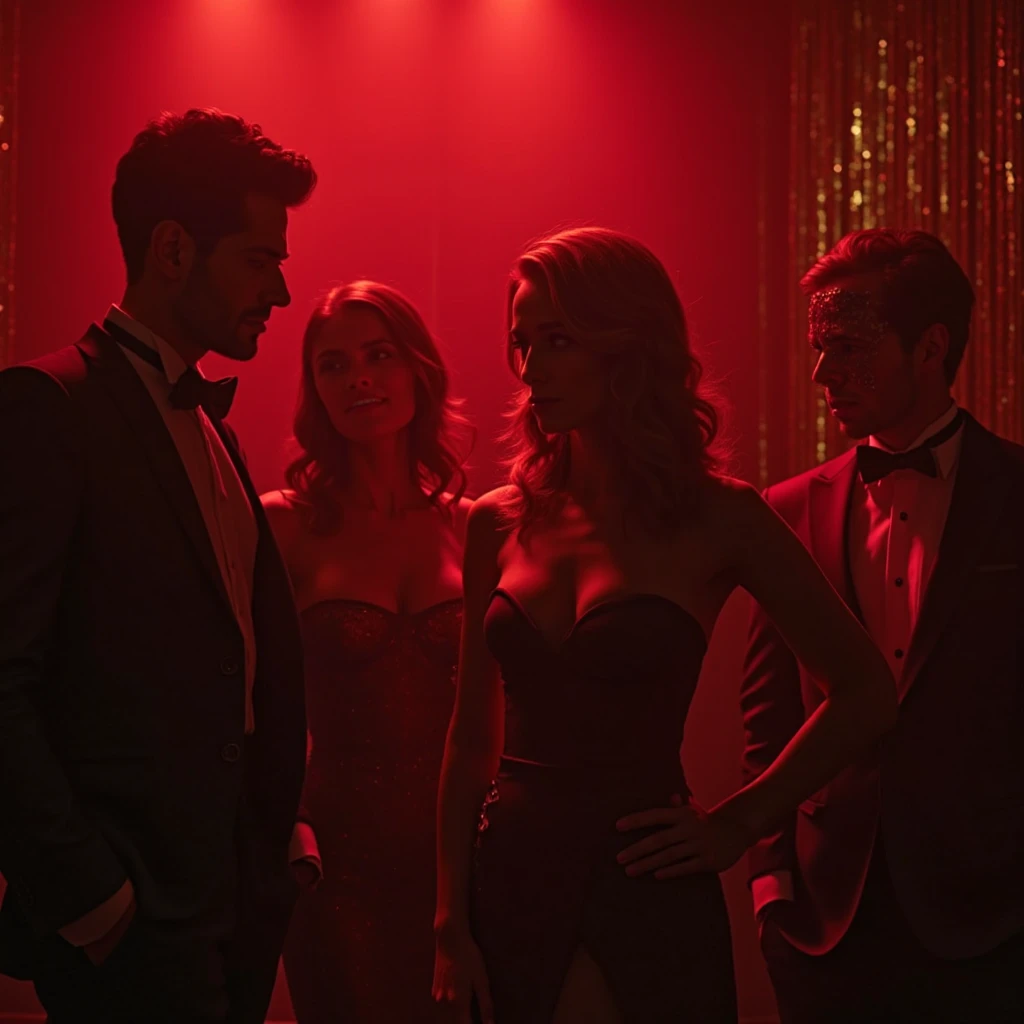 Angry woman Emma Stone, being grabbed by the arm, She has a formal pink dress. She's in a place that looks like a casino, there's red lighting