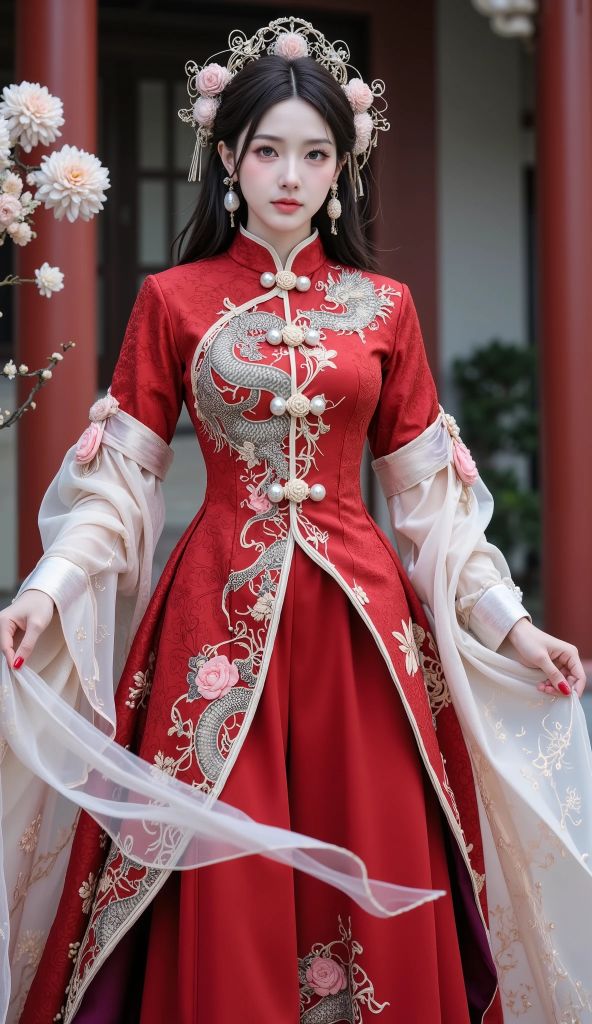 masterpiece, best quality, 1girl, wearing a magnificent traditional Chinese wedding dress, deep red brocade fabric with intricate dragon and phoenix embroidery, pearls and gemstones embellished on the skirt, high - necked collar with delicate knot buttons, flowing sheer veils with faint floral patterns, long ribbons fluttering, adorned with a phoenix coronet and jade hairpins, porcelain - like fair skin, elegant and noble expression, standing gracefully, dynamic posture, in the style of Chinese ink - wash animation, highly detailed, 8k resolution, cinematic lighting