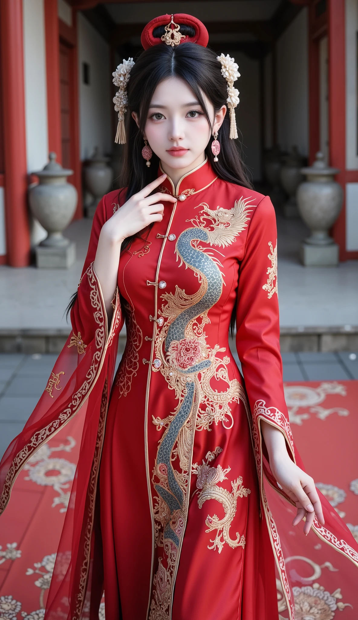 masterpiece, best quality, 1girl, wearing a magnificent traditional Chinese wedding dress, deep red brocade fabric with intricate dragon and phoenix embroidery, pearls and gemstones embellished on the skirt, high - necked collar with delicate knot buttons, flowing sheer veils with faint floral patterns, long ribbons fluttering, adorned with a phoenix coronet and jade hairpins, porcelain - like fair skin, elegant and noble expression, standing gracefully, dynamic posture, in the style of Chinese ink - wash animation, highly detailed, 8k resolution, cinematic lighting