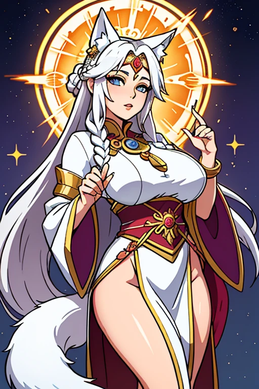 A woman with moth white hair wearing a gold swimsuit makes her a little sex