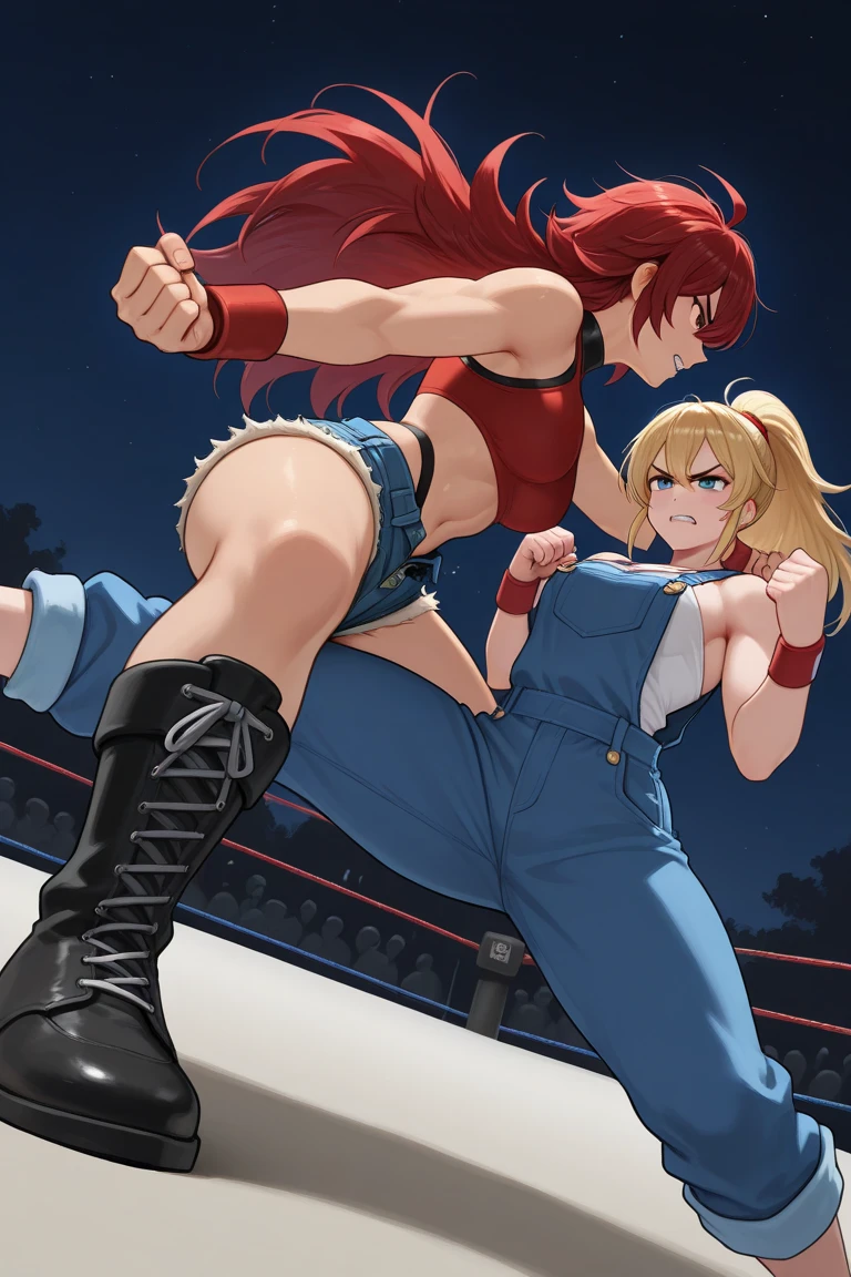 (2 girls: 1.4), Cute girl:1.3, long hair, (ponytail: 1.3), (red hair), (golden eyes), (tiara), (serious face: 1.3), Blouse, (black blouse), skirt, (miniskirt), (red skirt), (checked skirt: 1.3), necklace, (cross necklace: 1.3) , slim body type ,(Indoor:1.5 ,Sake Brewery:1.5, Night ),(( best quality, 8k , insanely detailed )),( medium breasts:1.3 ) ,Cute girl:1.3, medium hair, (brown hair), (golden eyes), (wolf ears: 1.3), Tuxedo, (black tuxedo), gloves, (white gloves), pocket square, (red chief) , pointed nose, thin lips ,(beautiful anime style girls) , (from the side:1.3) ,( cowboy shot:1.3) , lens Flare:1.1、 (Natural Light), (Aura of battle:1.2), (Telephoto lens: 1.2), (Mirrorless camera: 1.1), (Low shutter speed: 1.2), (fight at the sake brewery:1.8),
