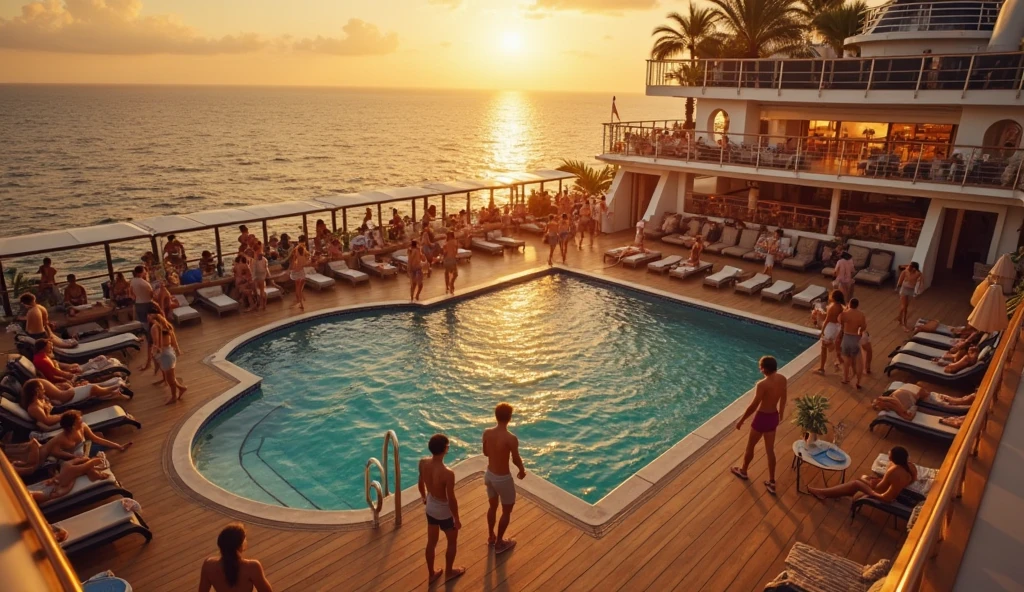 Wide shot of a Very sexy pool party, from up high looking down, full of sexy girls,