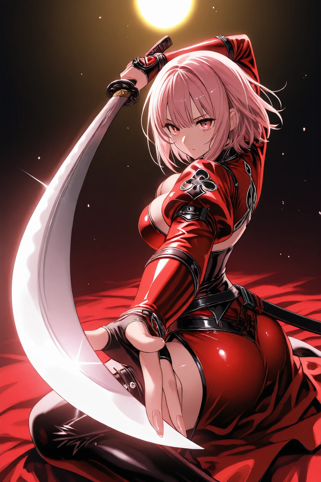 Precisely written lines【high quality】【masterpiece】【with precise and delicate drawing】【dynamic lighting】sharp and murderous eyes long slit eyes Super detailed drawing art Hold the sword in your right hand、brought to the front of the left hand that opens Dental process ((Katsura stance)) ((Gaotsu stance)) Create an image of a majestic broadsword with intricate, luxurious decorations. The blade is wide and gleaming, forged from polished steel with subtle engravings of mythical creatures along its surface. The hilt is wrapped in deep crimson leather, adorned with gold filigree and encrusted with sparkling gemstones like sapphires and rubies. The pommel is a large, ornate orb featuring a carved lion's head, exuding power and elegance. The sword rests against a velvet-lined display, set in a grand medieval hall illuminated by warm candlelight."
gatotsu stance, weapon, sword, katana, holding weapon, holding, holding sword, foreshortening,
The background is a deserted shrine at night The eyes are sitting Dark circles under the eyes