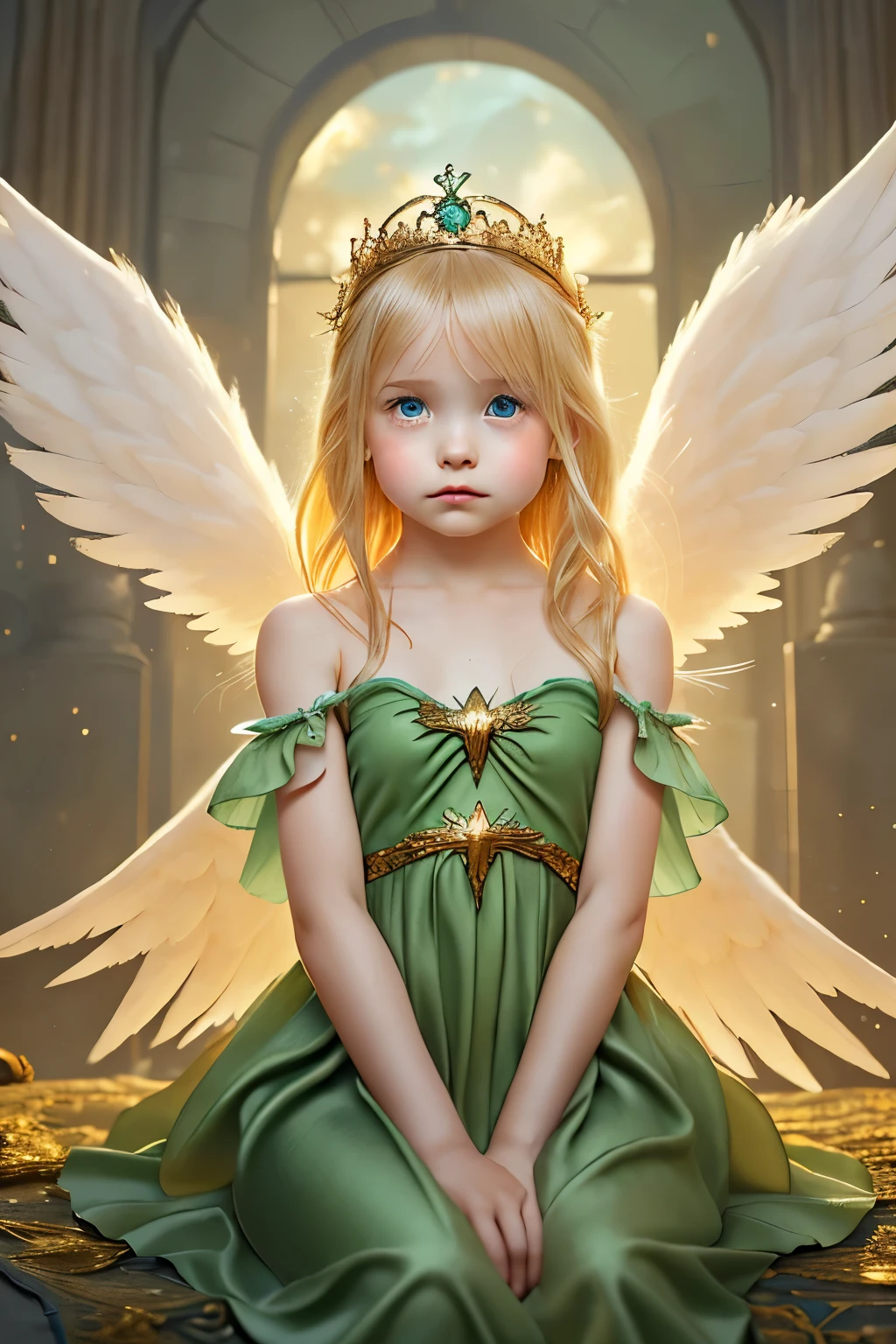 Little young girl, blonde hair,cute,Fantasy, Gorgeous green dress ,tiara,red carpet,city,princess,young girl,upper body,Sad,tears,is young,angel wings,sit