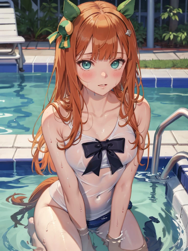 (A large-scale masterpiece), Perfect Quality, Perfectly detailed, Computer Graphics Effect, 8k wall paper, beautiful illustration, a beautiful background, dinamic angle, dynamicpose, (one girls), Cyan eyes, Tape around the neck, beatiful face, a lot of water droplets, Clouds, nightfall, Wide plan, watercolour, Quiet Suzuka, (musume) Beautiful skin, beautiful breasts, (little chest:1.2), ((NSFW))), A perfect chest, beatiful face, rapture, The girl is delighted