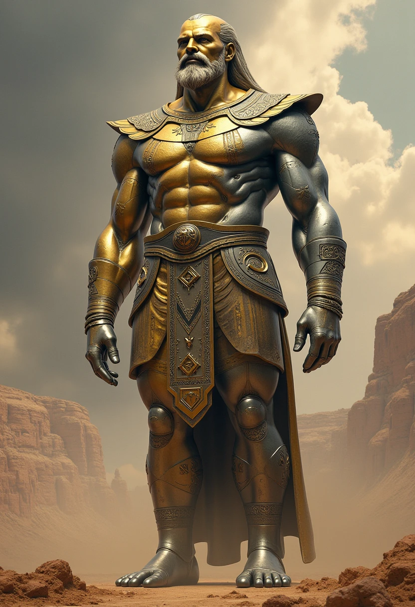 King Nebuchadnezzar has a dream where he sees a tall statue with a head of gold, a chest of silver, a skirt of bronze, and feet of iron and fingers mixed with iron and clay.