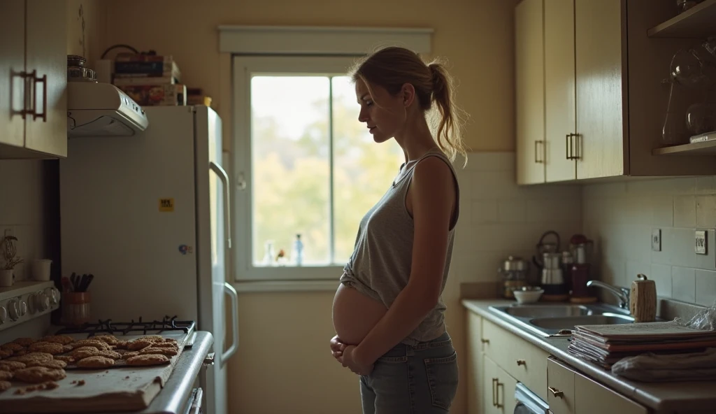 Make a dumb pregnant woman washing dishes and a well-dressed husband 