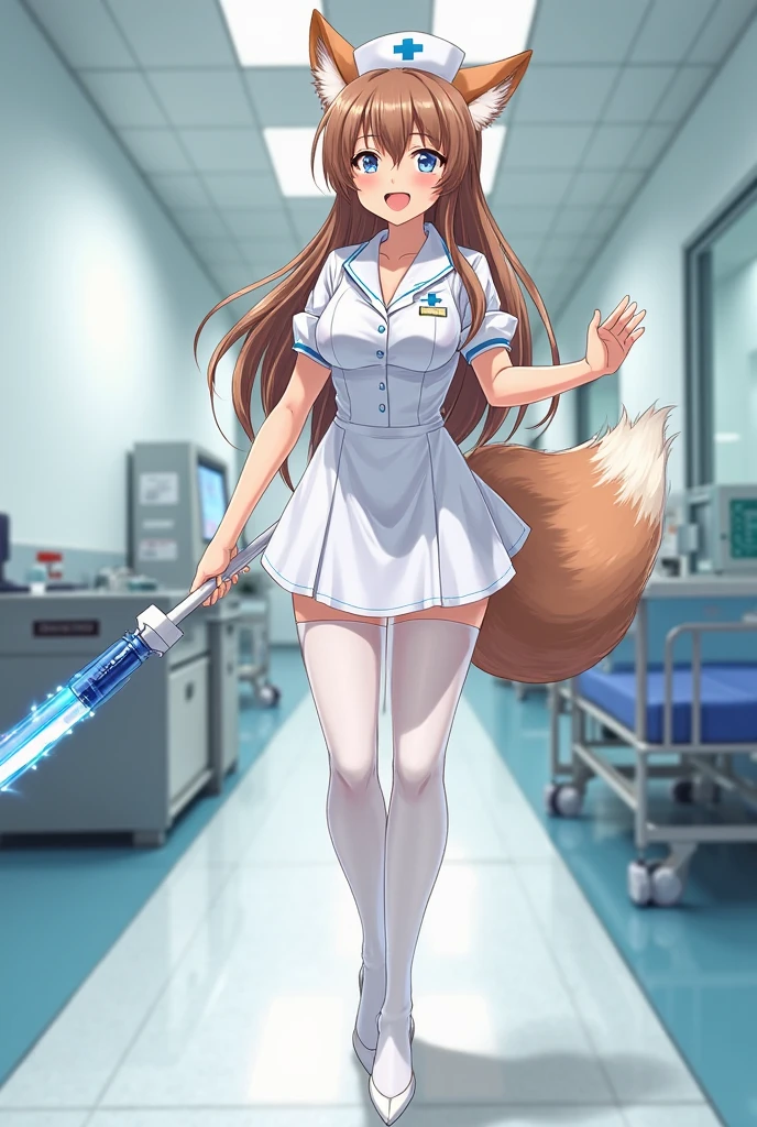 Anime Style Images, Full body image head to toe, Young woman, brown hair, , long hair to the middle of the back, brown fox ears, brown fox tail, ears and fluffy fox tail, The fox's ears and tail look cute, light blue eyes, The face is as beautiful as a goddess., cute, cuteมาก, cuteสุดๆ, A bright, cheerful and beautiful smile, The smile expresses mischief, symmetrical curvaceous shape, The background is a hospital patient room. {x} wearing tight nurse dresses attached to  pure white flesh, translucent white stockings up to the , The dress looks very beautiful, white high heels, The right hand holds a syringe, The fox's ears and tail look cute, Lightning Spear, Top details, Anatomically qualified ,  maximum contrast