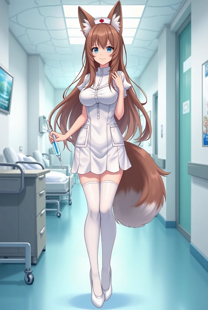 Anime Style Images, Full body image head to toe, Young woman, brown hair, , long hair to the middle of the back, brown fox ears, brown fox tail, ears and fluffy fox tail, The fox's ears and tail look cute, light blue eyes, The face is as beautiful as a goddess., cute, cuteมาก, cuteสุดๆ, A bright, cheerful and beautiful smile, The smile expresses mischief, symmetrical curvaceous shape, The background is a hospital patient room. {x} wearing tight nurse dresses attached to  pure white flesh, translucent white stockings up to the , The dress looks very beautiful, white high heels, The right hand holds a syringe, The fox's ears and tail look cute, Lightning Spear, Top details, Anatomically qualified ,  maximum contrast