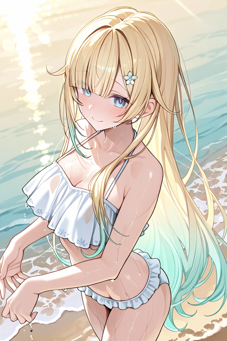 fairy_tail_style, solo, 1 girl, (young female body:1.4), (medium small breasts), golden yellow hair, extra long hair, blunt bangs, crystal blue eyes, very detailed eyes, cowboy shot, detailed eyes, beach house, sand, swimdress, white one piece bathing suit, white swimsuit with ruffles, misa hairstyle, looking from above, misa hairstyle
