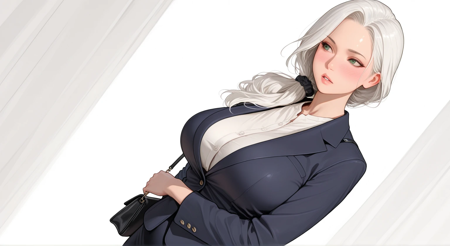 Beautiful girl,long white hair, big breasts wearing a coat, wear long skirt,sexy post in the office.