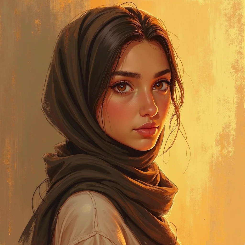 middle eastern woman 25yo, Light brown head, is sitting, fear, watercolor sketch in artistic style, large strokes, finalized with ink, fine lines