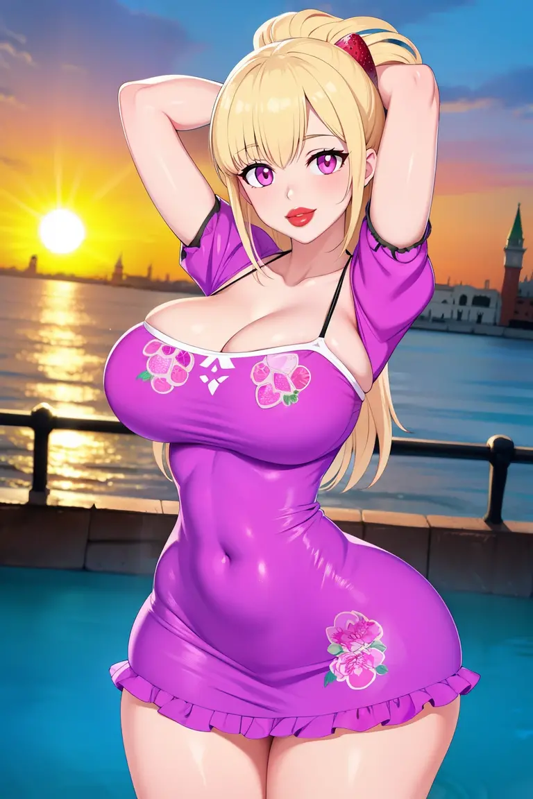1 single woman, perfect body, blonde with blue eyes,Pink and white clothes including a very short miniskirt,River fantasy,White stockings,444 Hz, beautiful, impressive, Highly detailed, 8k, use, affectionate, Ultra photo realsisim, landscape