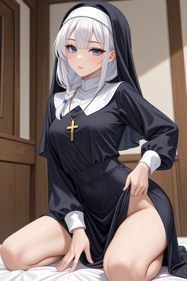 Nun Girl, Beautiful cute face, Innocent, Charming, Embarrassed, Facing the camera, Skin color: white, Body glare, ((pretty eyes)), Eye Color: Bright Blue, bright pupils, ((Perfect Sexy Figure)), Perfect shapes, big thighs, ((Subtle and beautiful)), ((sexy fantasy clothes with stockings)), Sexually seductive position, Full-length, Background temple moonlight in window, nightfall, Depth of field, ((ultra quality)), ((tmasterpiece)), clear image, crisp details, Realistic, Professional Photo Session, Clear Focus, the anime, Colorfully drawn, NSFW