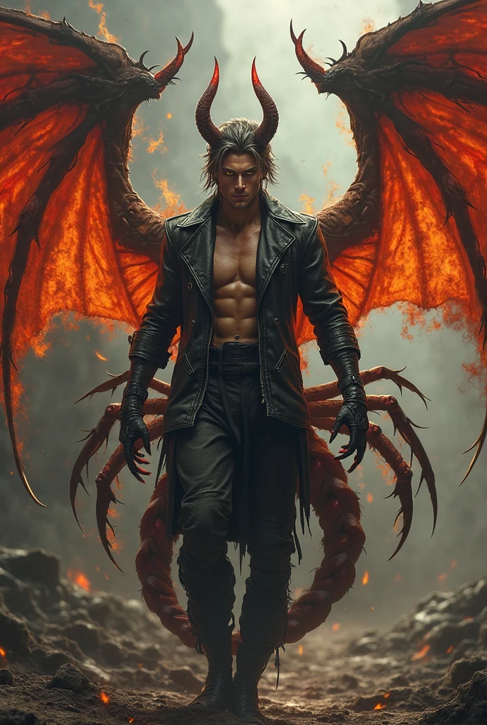 Angel male 30 years old, pale skin, blue eyes, black hair, big and black bat wings, wearing black suit, with piercings and old tattooed symbols, holding a snake on top of mountain in sunrise., messy hair, Hyperrealism, god rays, glowing light, UHD, anatomically correct, 1080P
