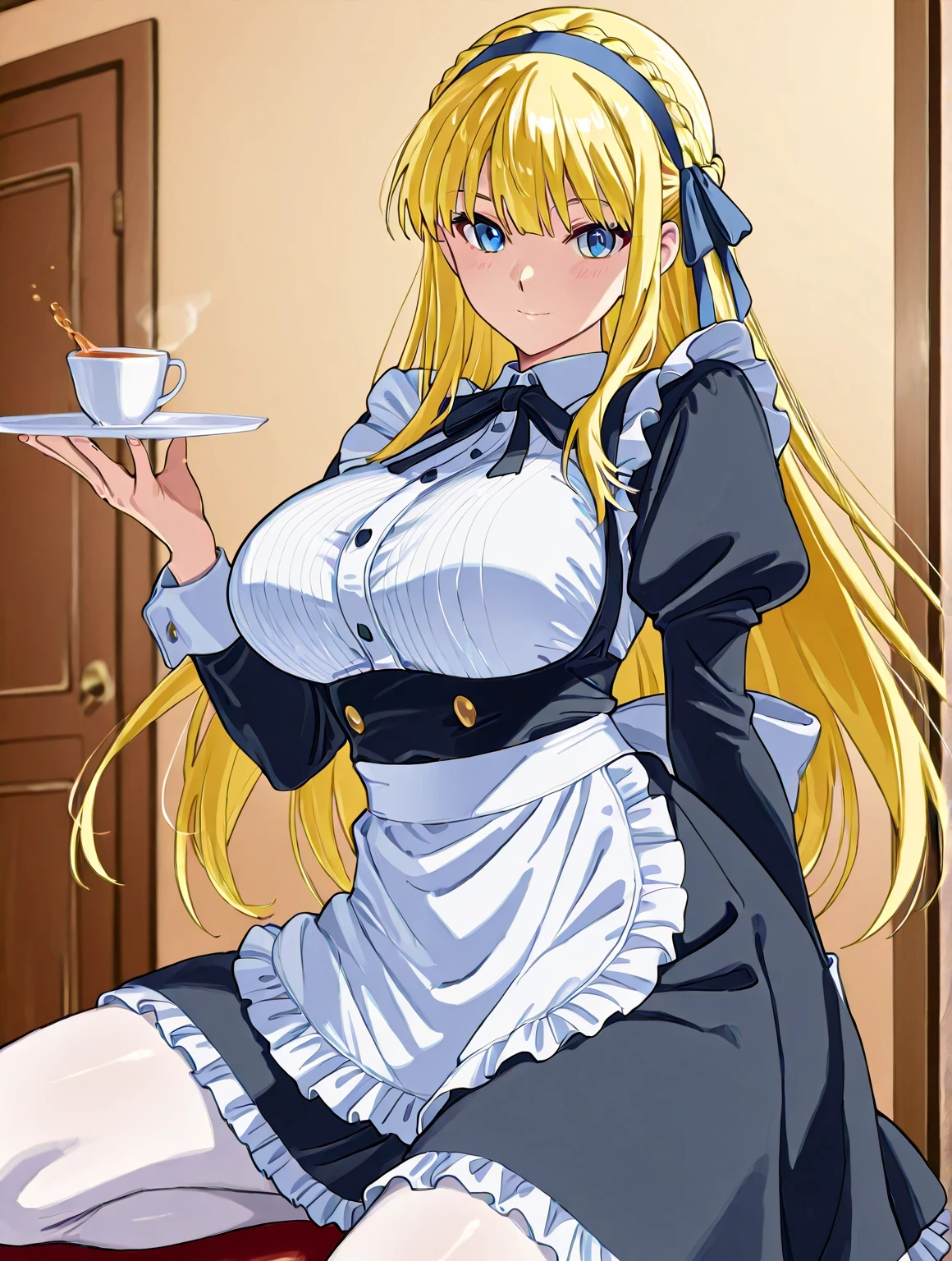 score 9 、score 8 up、score 7 up、source anime、傑作、最高品質、高解像度、1girl、anime with a cup of black tea and a cake、solo、変化 in dress、( メイド ) 女の子rtrait of 変化ta、blonde hair、長髪、青い瞳、french braid、crown braid、blue hairband、クラシック少女、美しいアニメの女の子が椅子ている、色付きスケッチアニメマンガパネル、2000年代のアニメの芸術スタイル、big breasts、large breasts、青いメイド服、white pantyhose、変化、お上品な雰囲気、slender body、マンガ絵画、長袖、公式ファンアート、高画質ファンアート、ボーウォーターの芸術スタイルで、anime 女の子 in a d outfit、魅惑的なアニメの女の子、アニメの絵、long at viewer、カウボーイショット、少女の焦点、高品質カラースケッチ、アニメ萌えアートスタイル 、素敵な服装を着て、(anime 女の子)、美しいアニメのポート、an anime 女の子、pretty anime 女beautiful anime 女アニメペインタースタジオで作成、アニメチ!!!、アニメ画家のスタジオで描いた、デジタルアニメアート!!、