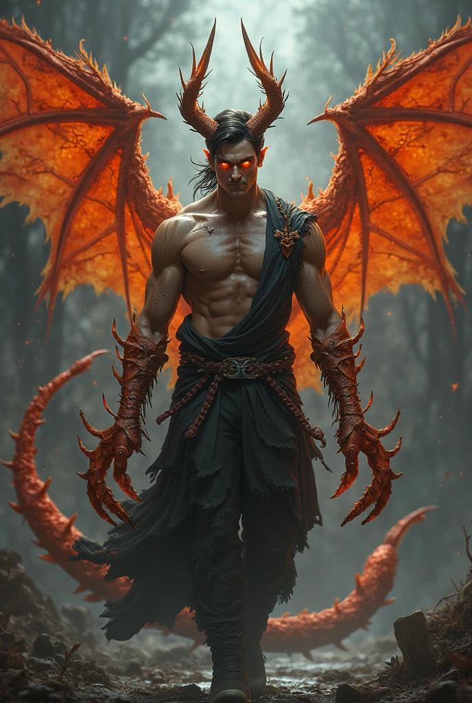 Perfect muscular body, hazel eyes, , brown hair,humanoid dragon body, dragon wings coming from back, Dragon clawed hands, Horns shaped like a crown, scales glowing like magma, welding a massive 56in obsidian broadsword