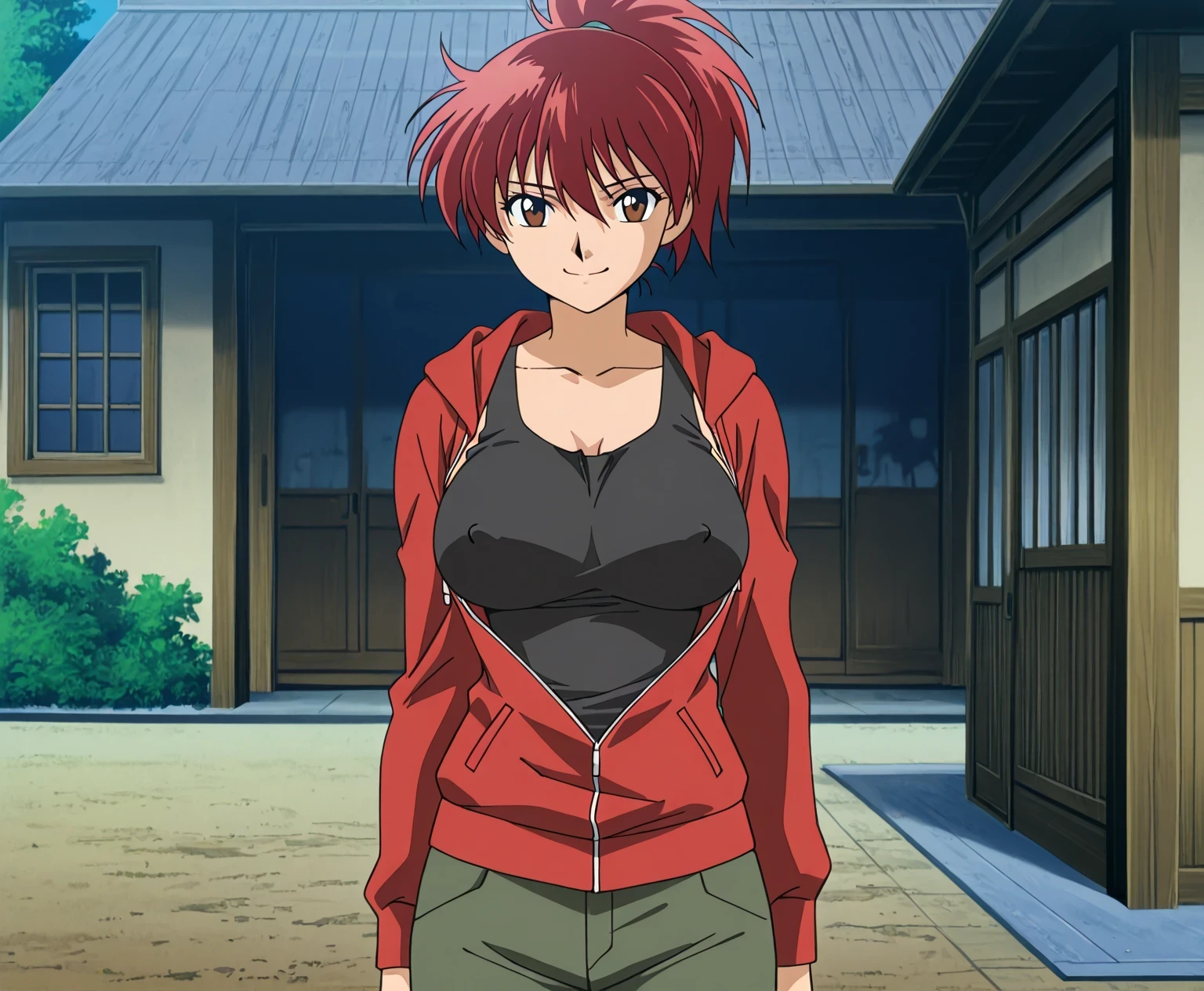 score 9 , score 8 up, score 7 up, source anime, masterpiece, best quality, high resolution, 1girl, red hairのアニメのgirl, solo, Classic Girl, Vibrant, girl, created by Anime Painter Studio, Handsome, Girl Romance , brave, Anime Style, 公式fanart, ponytail, medium hair, hair between eyes, red hair, faint smile, bangs, brown eyes, Visual Novel, 高画質fanart, Colored Sketch Anime Manga Panel, 筋肉質なgirl, 2000s Anime Art Style , big breasts, collarbone, Covered trapezius, large breasts, Anime/Manga, Painted in an anime artist's studio, In anime style, feminine and muscular, fanart, costume:Red Jacket, hoodie, no bra, BLACK TANK TOP, Lift up to slightly erect nipples, Detachable Outfit, jacket sleeve with an long sleeve, デニムショートを履いたgirl, UNDERTANK TOP, Anime dick!!!!, skin tight tank top, jacket under the tank top, Painted in an anime artist's studio, plain tank top, DIGITAL ANIMATION ART!!, basic tank top, in Bowwater art style, 魅惑的なアニメのgirl, Anime Drawings, looking at viewer, cowboy shot, girl focus, standing, outdoors, tomboy atmosphere, a manly girl, boyish atmosphere,