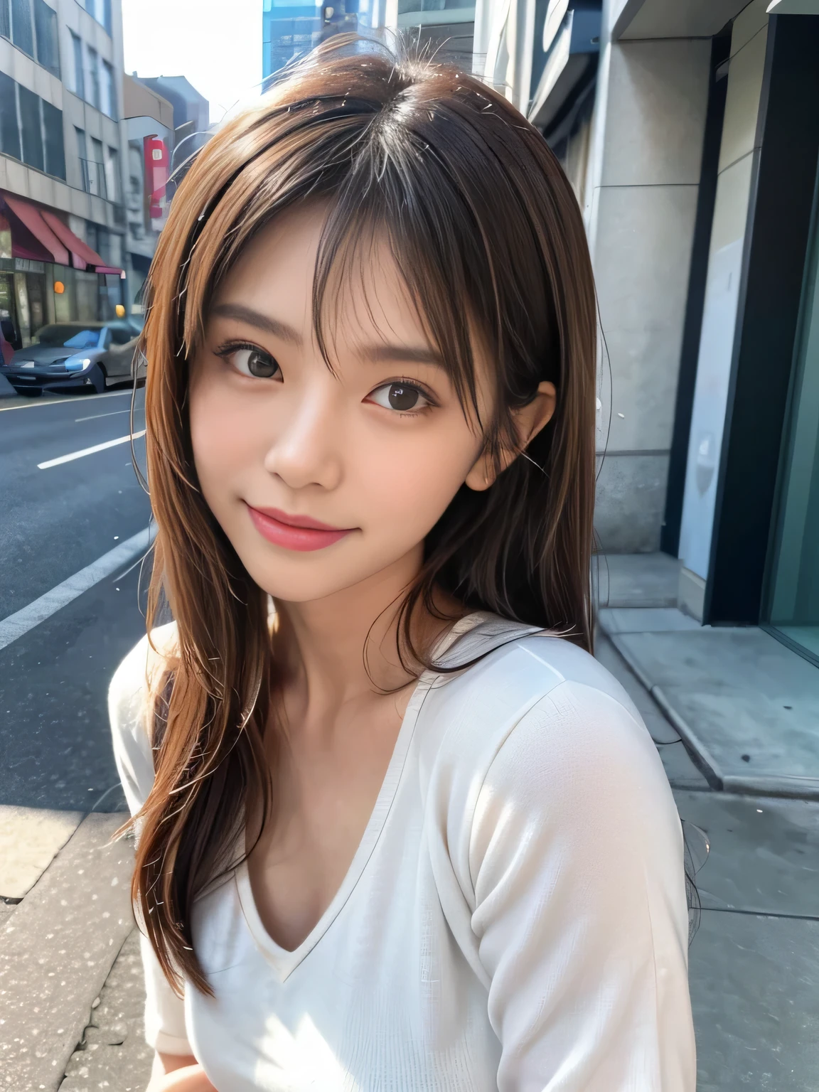 (((Face close-up)))、(((Brown straight hair)))、(((She is photographed with the backdrop of a New York alleyway、Posing like a model at a hair salon。.)))、(((She is wearing casual clothes suitable for early summer..。shoulders are hidden)))、(Natural laughter:1.25)、Half Japanese, Half Korean、18-year-old girl、Independent、I&#39;m looking forward to、Light eye makeup、Brown Hair Color、Flat 、Hair blowing in the wind、Quality of actress、Shiny, Ultra-realistic faces、smile、Watery eye、look up、Subtle lighting effects、 Ultra-Realistic Capture、Very detailed、High resolution 16k human skin closeup。Skin texture must be natural、The detail must be such that the pores are clearly visible.、skin is healthy、Even Tone、Use natural light and colour、Worn out, High quality photos taken by modeling agencies&#39;In-house photographer.、smile、(((Sigma 300mm F/1.4,1/1000 sec shutter,ISO400)))、The background is F value 1...4 is blurry