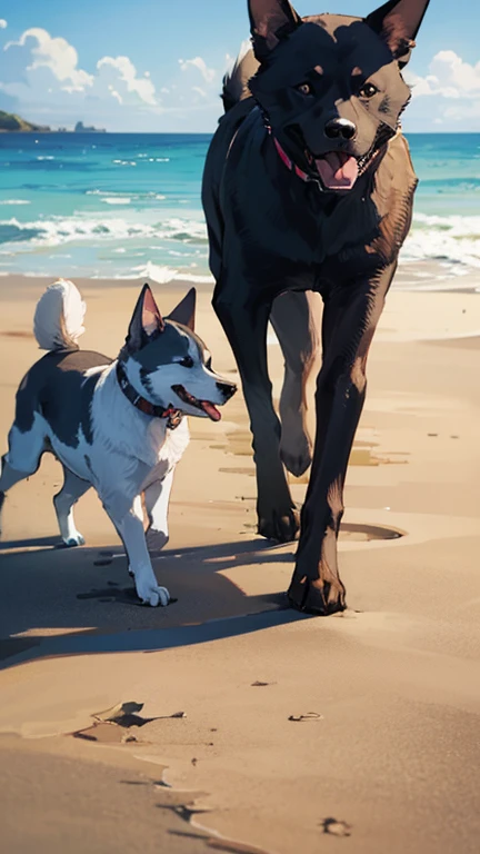 NSFW (nude) (Nami ((human)) large breasts, strip of pubic hair) side view, doggy style, fucking male furry German shepherd with knotted penis, full body, on a deserted beach