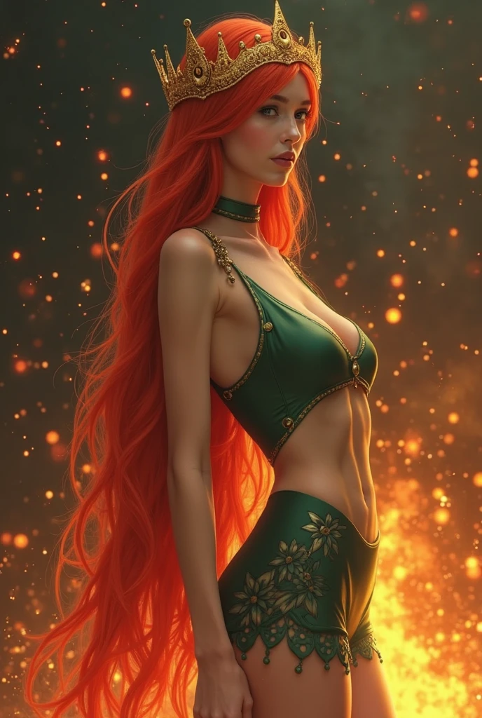 Photo prise avec un Canon EOS R5, objectif 85mm f/1.2, ISO 100, vitesse 1/640s. Une cheerleader sexy ultra réaliste, visible de la tête aux pieds. Elle incarne le pays d'Irlande. Elle est souriante et coquine. Elle est rousse. Son uniforme sexy est aux couleurs nationales (vert, blanc, or) et sa mini jupe est décorée de motifs inspirés du folklore celtique. Elle brandit des pompons ornés du drapeau irlandais dans chaque main, avec un grand sourire espiègle. Elle pose devant les Cliffs of Moher, avec des feux d’artifice en arrière-plan. Elle marche vers le spectateur et porte des baskets au style irlandais traditionnel moderne.