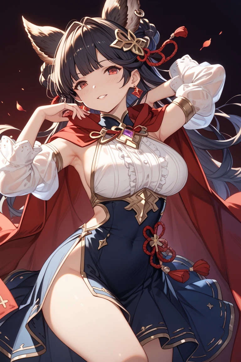 absurd res, high res, (masterpiece:1.4), ultra-detailed, 1girl, from above, space, floating, red Chinese dress, red dress, black stockings, light brown hair, yellow eyes, hands out of frame, Yandere face, yandere smirk, psychopathic smile, psychopathic smirk, dragon wings, yandere, full body, flying, big breasts, cleavage, Chinese dress, large breasts, focus on cleavage, holding breasts, lifting breasts