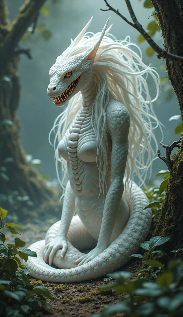 Standing barefoot, white snake (anthropomorphic, beauty), snake tail, ultra-realistic, clear details, (full body), 8k, (original), cg, skin scales, fracture, masterpiece, original photo, sfw, dirty (0.8), (blood: 0.7), (super detailed), clear focus, soft colors, 8k, 8mm, shiny, gel particles, war photography