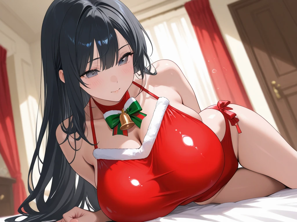 High quality, masterpiece, ultra-detailed, thighband pantyhouse, red christmas lingerie, 1girl, solo, peaceful expression, long black hair, enchanting blue eyes, fox ears, ridiculously large breasts, grabbing own breast, shiny skin, bedroom, christmas