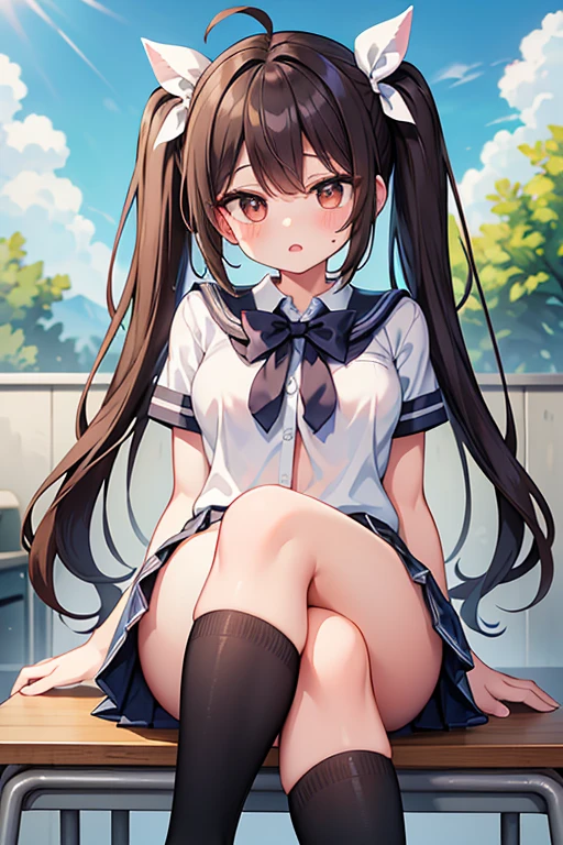 masterpiece, highest quality, Absurd, Perfect Anatomy, Beautiful background, Beautiful Face, Beautiful Eyes, Beautiful body, girl,from the front、Portraiture、 Twin tails、ribbon、Brown Hair,blush、High School Girl Blazer、Sitting on the steps of the station、Grey tight skirt、mini skirt、Lace panties、loose socks、sneakers