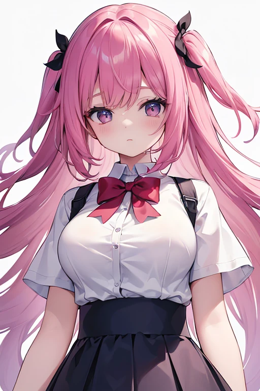 (masterpiece,best quality,detailed,8k,High resolution,hires:1.3),realistic,(centered around the face:1.4),(distance view:1.4),(head to chest),(gray background),light,1girl,(solo),Japanese girl,16yo,colossal breasts,ultra cute girl,bloom,glowing,detailed face and eyes,very pretty face,(green eyes),big eyes,tareme,(ahoge),bangs,pink hair,long hair,curly hair,(school uniform,short sleeve shirt,peated minl skirt),random facial expressions,random pose,from side,