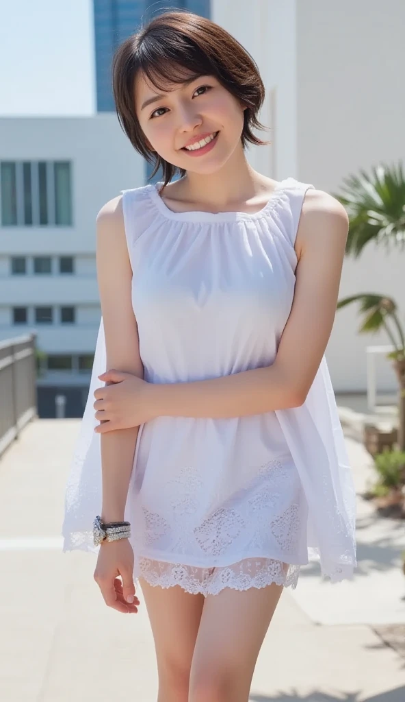 the Extremely Detailed CG Unity 8K Wallpapers、top-quality、ultra-detailliert、masterpiece、realisitic、Photo Real、extremely detailed cute girl、20yr old、(skirt rift)、(skirt lift by yourself))、white panties、panties focus、red blush、cparted lips、looking at the viewers、Half body shot、Wearing an off-the-shoulder shirt、(Large crowds)、(Crowded parks)、shorth hair,Sweet smile