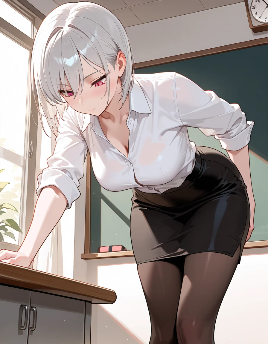 Silver Hair、Bob Hair (((12 years old)))(High quality eyes) ,(Turn around) Big Breasts (((solo))), Embarrassed, blush, Black Uniform、I'm pulling up my skirt (((A girl farts)))Standing with legs together
、(Holding on)((Her butt is facing me))(Loli face)(Yellow gas leaking from the anus)