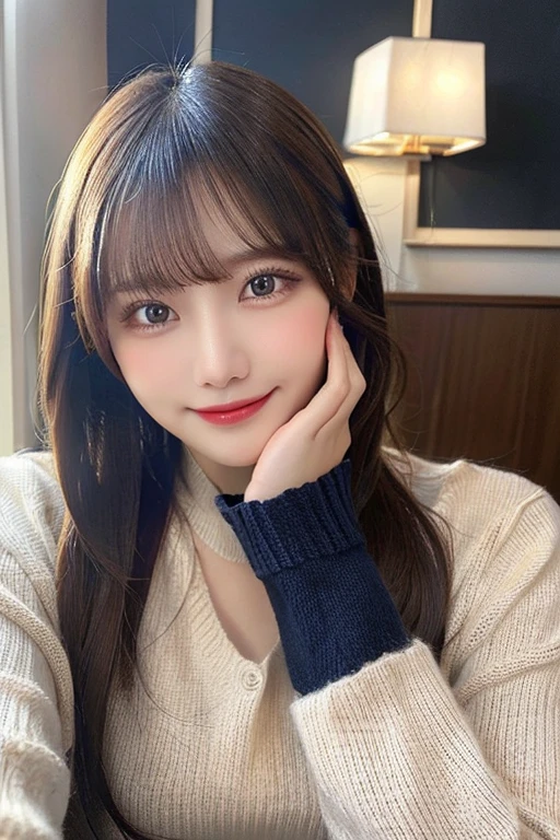 Tabletop, highest quality, figure, Very detailed, In detail, High resolution, 8k wallpaper, Perfect dynamic composition, Beautiful fine details, navy long sleeve knit dress,Straight hair,small breast natural color lip, Randomly sexy poses,smile,Home、20-year-old girl、cute、sexy shot looking at camera,Perfect and beautiful face,wedding style
