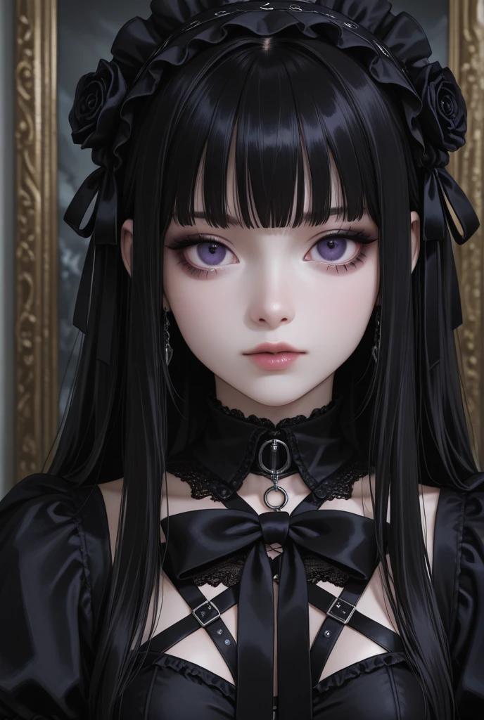  goth girl with straight, straight hair and a neutral expression, looking like a princess 
