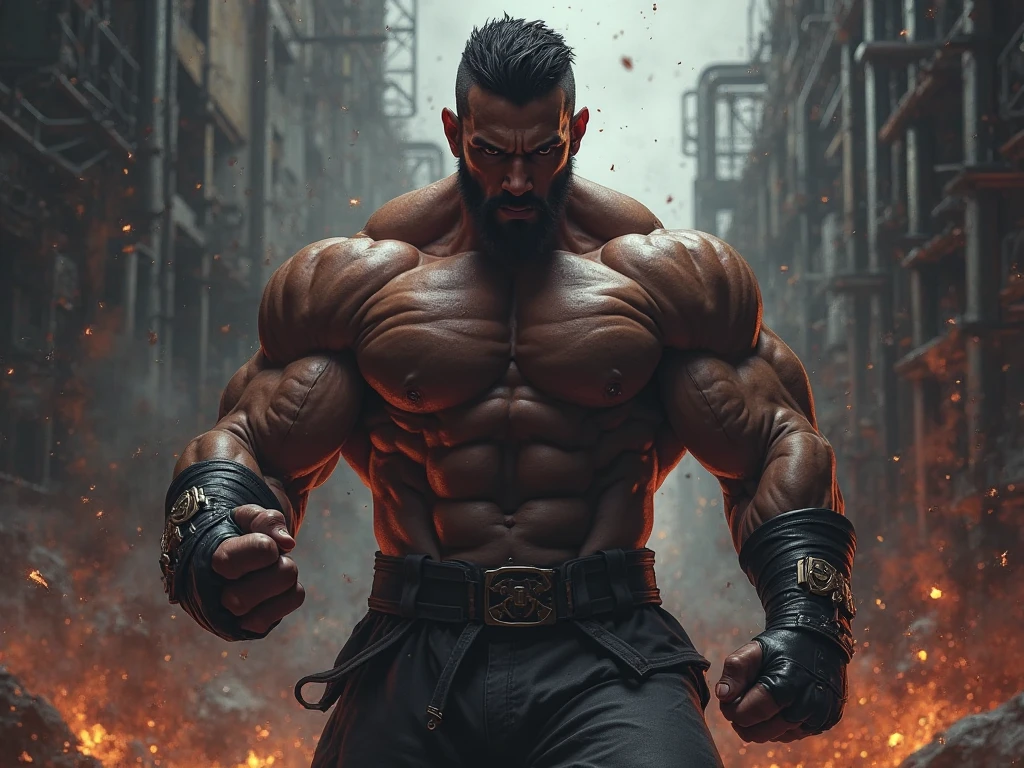 Strong man kneeling。Strong aura of life
