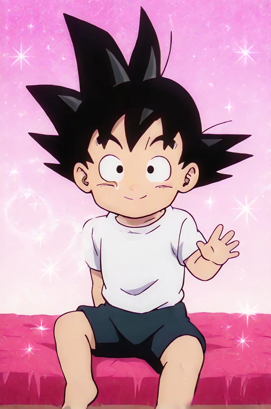anime coloring, (masterpiece, best quality, very aesthetic, absurdres),  1boy, solo, goku, little chibi , spiked hair, black hair, black eyes, White T-Shirt, black shorts, barefeet, smile, sitting, Comfy Bed, Bedroom, arms outstretched, tilted torso, open hand gesture, leaning forward, one leg raised, pink gradient background, sparkles, bokeh effect, flowers, soft lighting