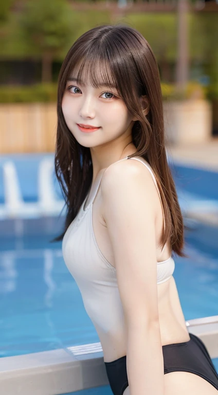 Tabletop, Highest quality, figure, Super detailed, In detail, High resolution, 8k wallpaper, Perfect dynamic composition, Beautiful attention to detail, Women's fashion,Medium Hair,small 、Natural color lip, Bold sexy pose,smile,harajuku、20-year-old girl、cute、sexy shot looking at camera、Swimwear