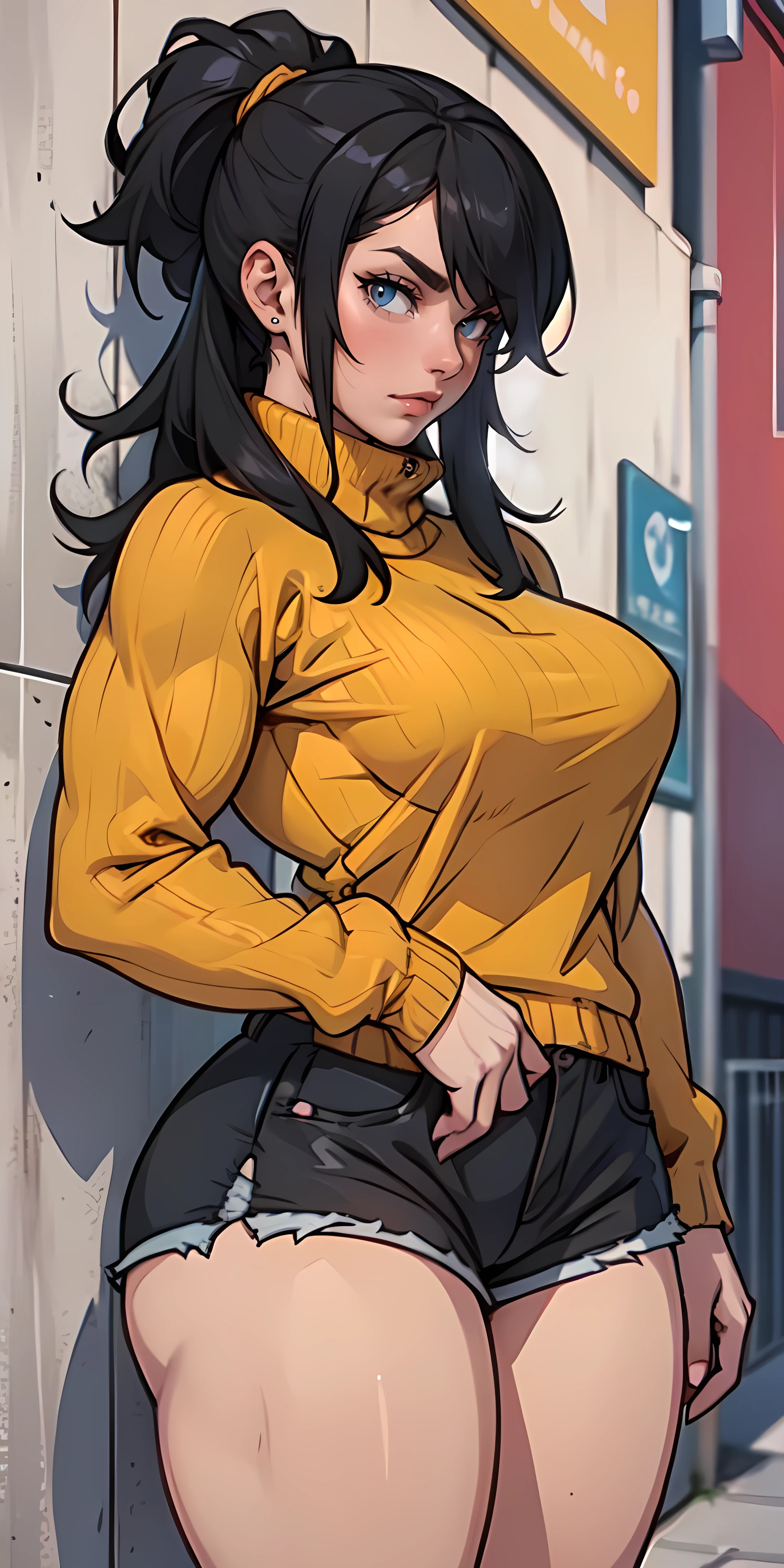 1girl solo brunette yellow eyes very long hair girl tight clothes angry blush tight shirt long sleeves ，bulging belly pregnant