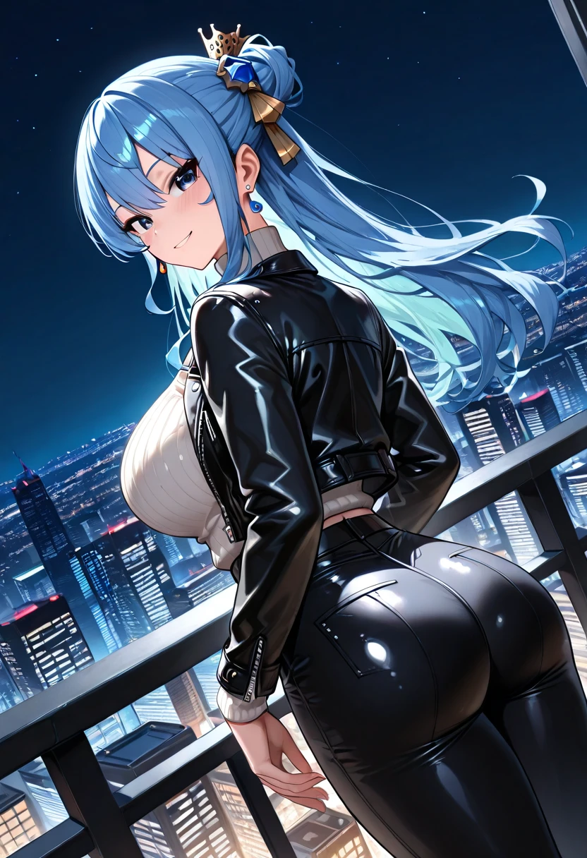woman,25 years old,,city,night,(((white and blue tight miniskirt bodysuit))),,open mouth smile(())(glasses),((beautiful long ponytail)),(()),blush、surprised face,((())),((turn around and look back))wet with sweat