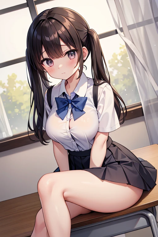 1 girl, , Dynamic posing, dynamic angle, Arrange pose,Top quality work,Show Legs,(short black hair),(blue eyes), Rose cheeks, Pretty Face, A perfectly proportioned face, school white shirt with red bow and black skirt, (school uniform), (school white shirt), white stockings,school, in classroom, Bandaids on Nipples