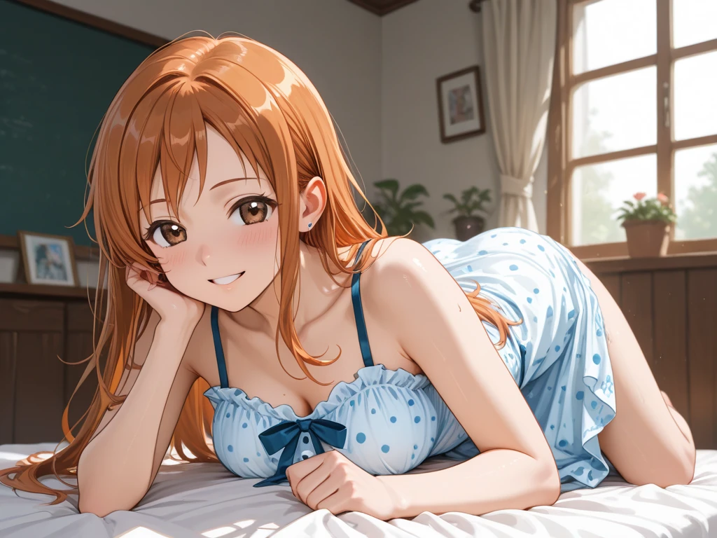 Alone female anime character, double bun hair style and brown color, wearing a blue bra, pose of raising both hands up and lying on your back