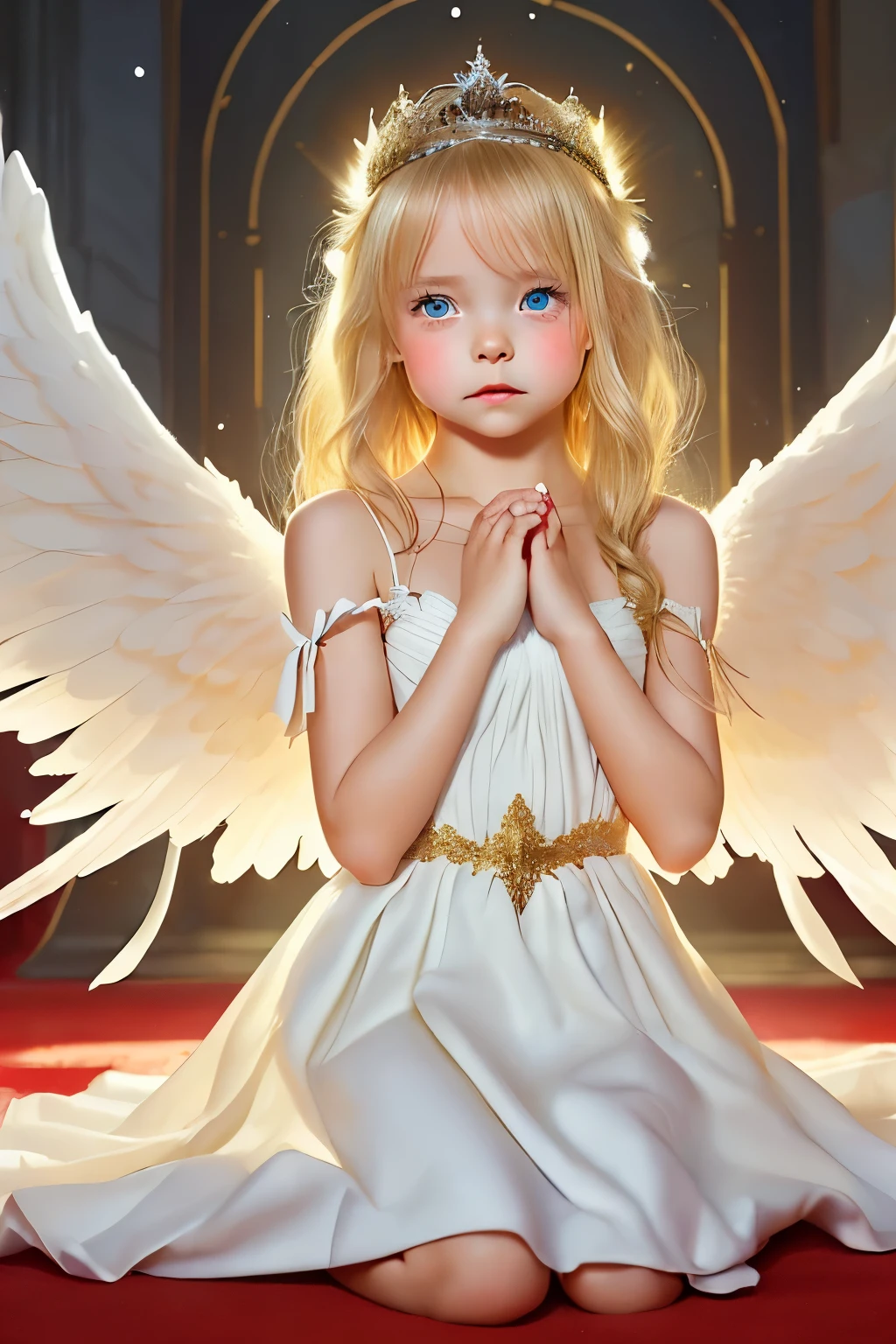 from front, looking at viewer, from above:1.2, girl toddler angel, gentle smile, big eyes, blonde, A neat dress with sleeves that hide the chest, Angel wings on the back, Many stars twinkle, Glowing space background, Prayer-like pose, photorealistic