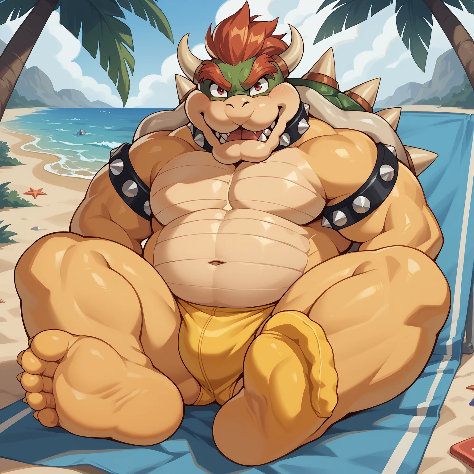 Wolf, By Meesh, Big Pecs, Fluffy Tail, !, 2boys, abs, armlet, bag, bara, beach, blush, bowser, bracelet, bulge, day, english text, erection, furry, furry male, horns, jewelry, large pectorals, male focus, male swimwear, multiple boys, muscular, muscular male, navel, nipple piercing, nipples, outdoors, pectorals, penis, piercing, precum, public indecency, red hair, shell, spiked armlet, spiked bracelet, spikes, stomach, swim briefs, tail, testicles, thick eyebrows, thick thighs, thighs, topless male, uncensored, yaoi