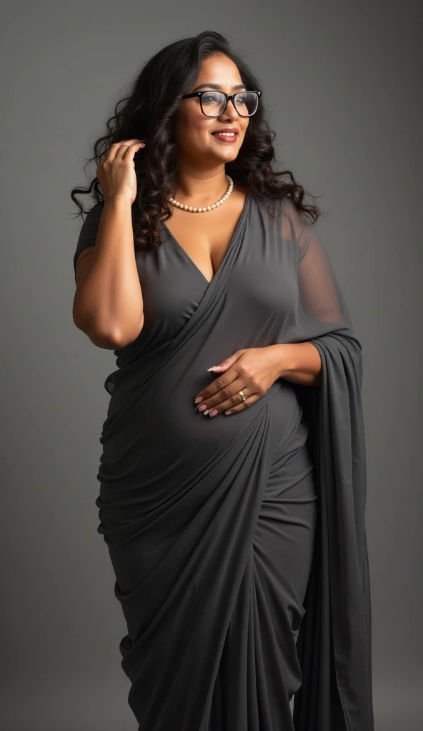 Bedroom scene, A radiant, full-figured South Indian 35 year old aunty a gray colour chiffon short gown, standing, in a garden, captured in a full-body image with vibrant hues and meticulous details. Full body image